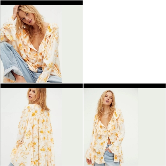 Free People Women Sz S Loretta Floral Ruffle Boho Cottagecore Tunic Top Festival - Picture 2 of 16